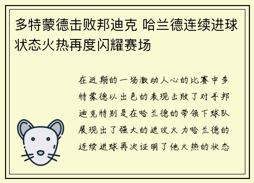 多特蒙德击败邦迪克 哈兰德连续进球状态火热再度闪耀赛场