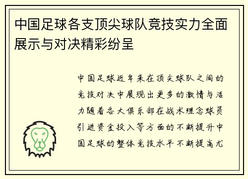 中国足球各支顶尖球队竞技实力全面展示与对决精彩纷呈
