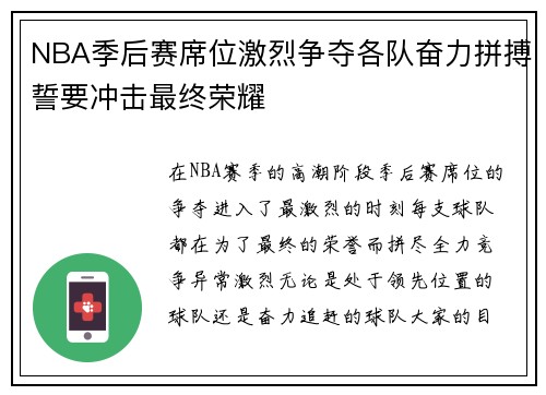 NBA季后赛席位激烈争夺各队奋力拼搏誓要冲击最终荣耀