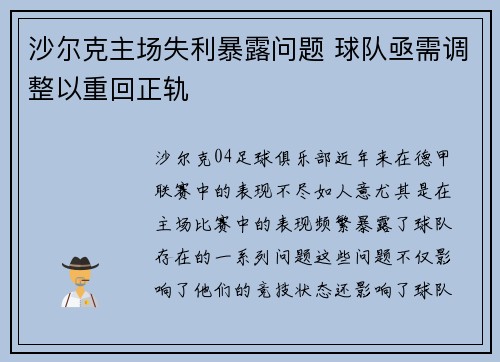 沙尔克主场失利暴露问题 球队亟需调整以重回正轨